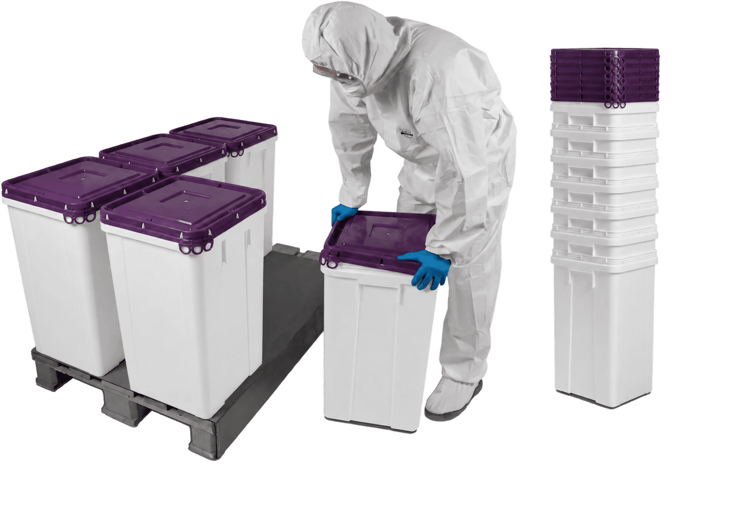 Worker in protective gear handling Darbox industrial containers with purple lids
