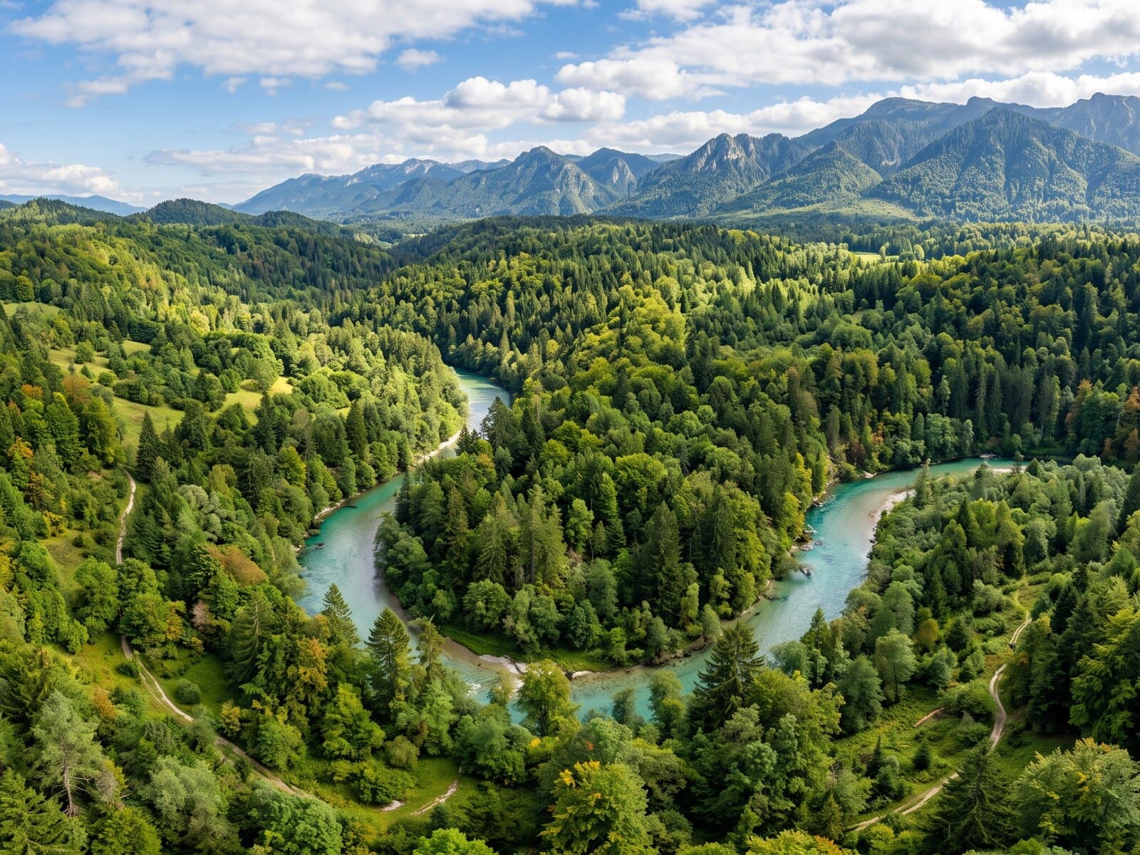 Aerial view of a turquoise river winding through dense forest toward mountains