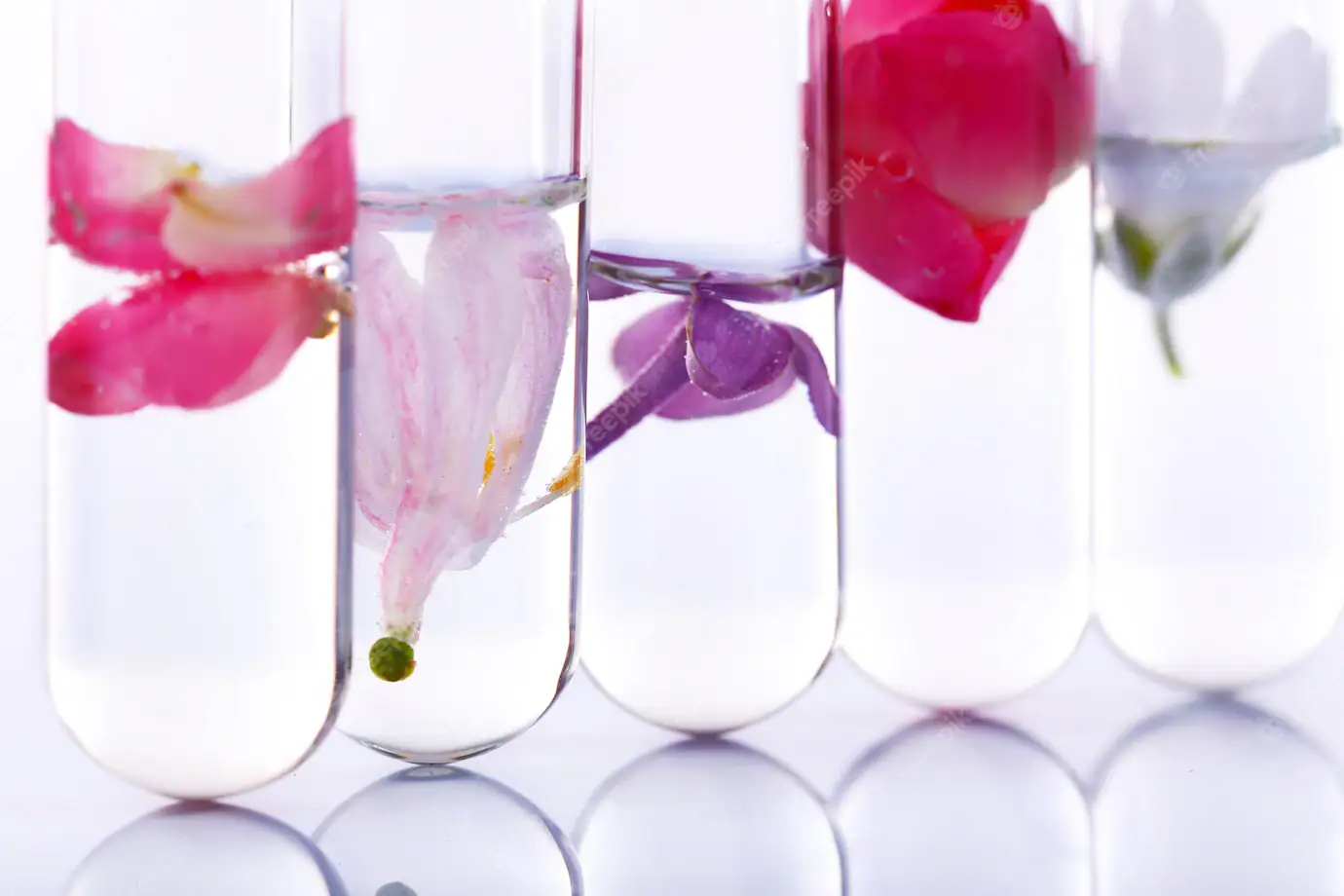 Test tubes with liquids and colourful flower petals